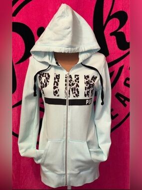 PINK Victoria's Secret Light Mint  Zip-Up Hoodie with Leopard Print Logo longer